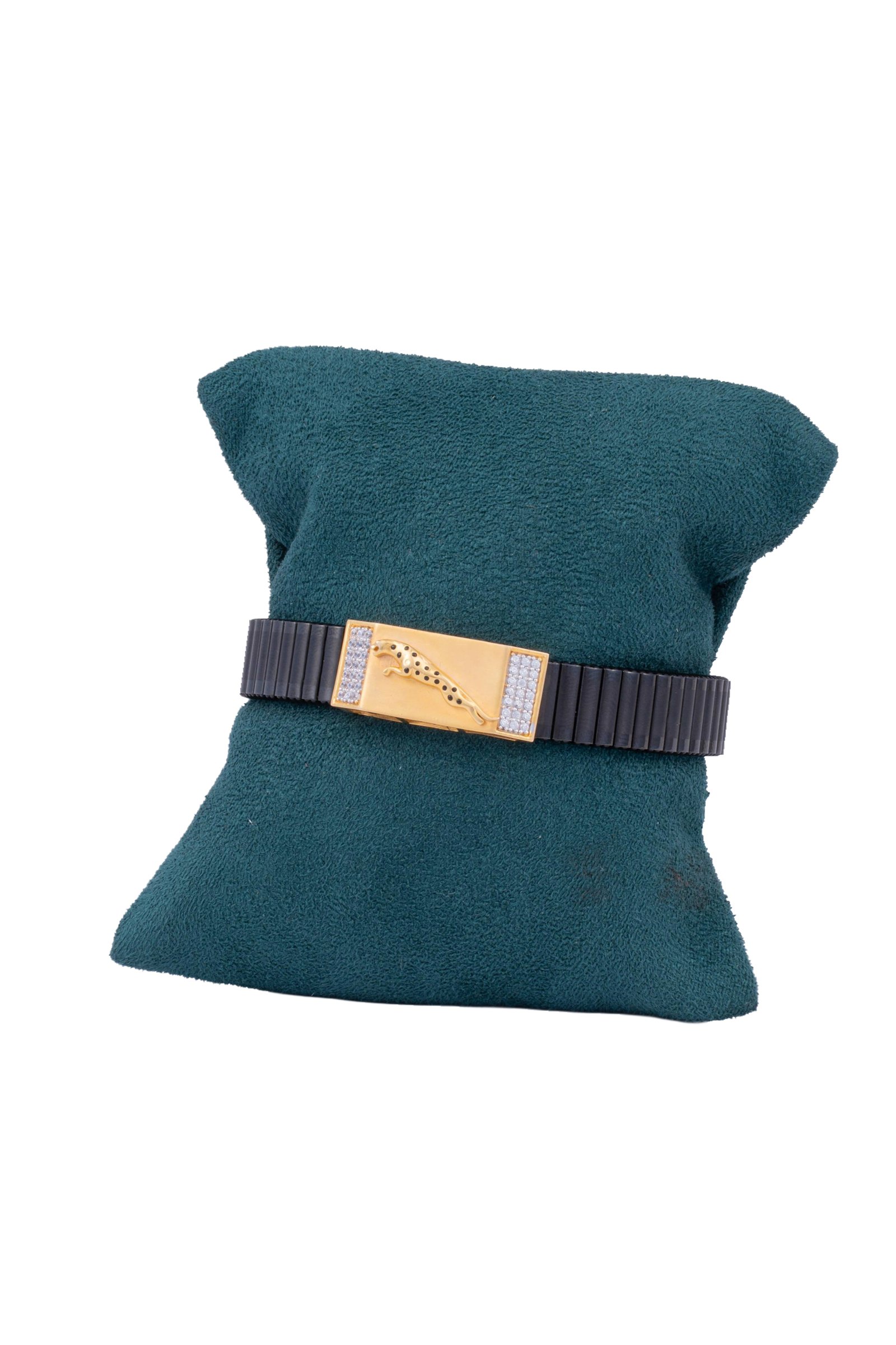 18K Gold Bracelet With Charming Jaguar Symbol With Diamonds In Black Stretchable Metal Belt MGA- BR18/1