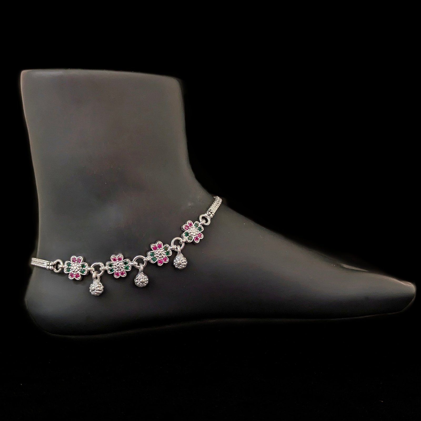 Floral Silver Payal With Colorful Diamonds MGA-PYSL/2778