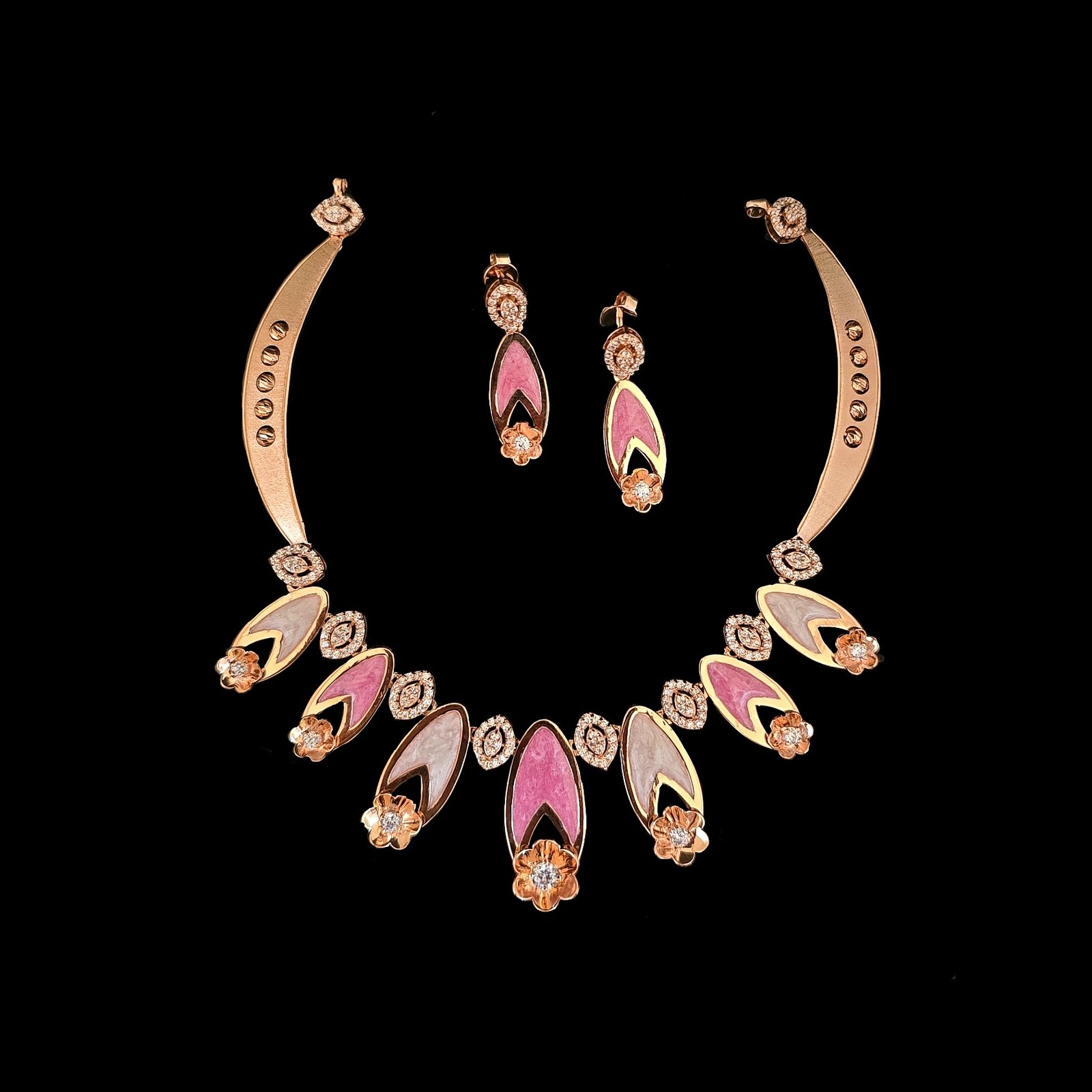 Pink And White Liquid Enamel Floral Necklace Set In 925 Sterling Silver MGA -  NKS0168