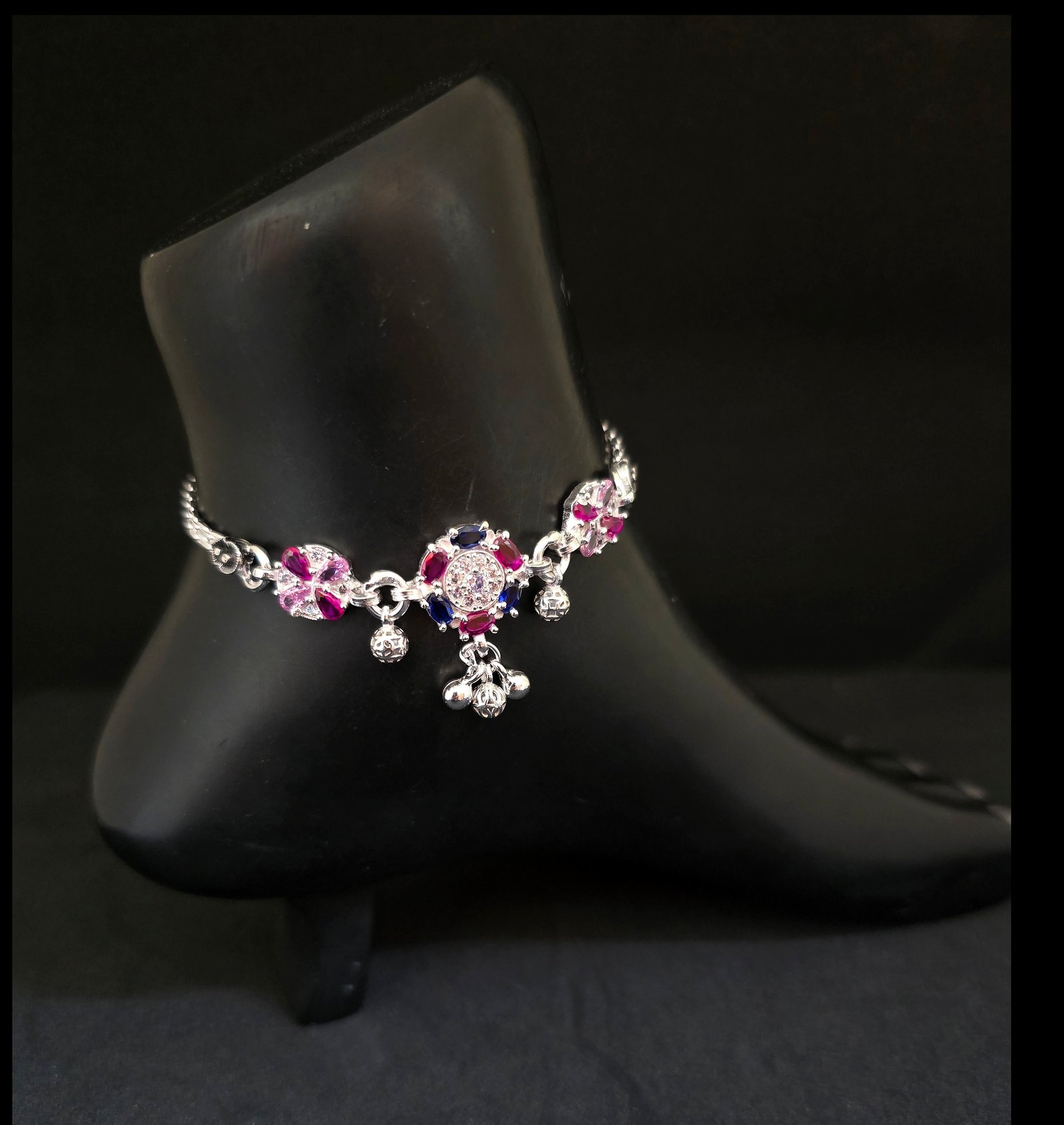Pink And Blue Flower 999 Silver Payal MGA - PLS4689