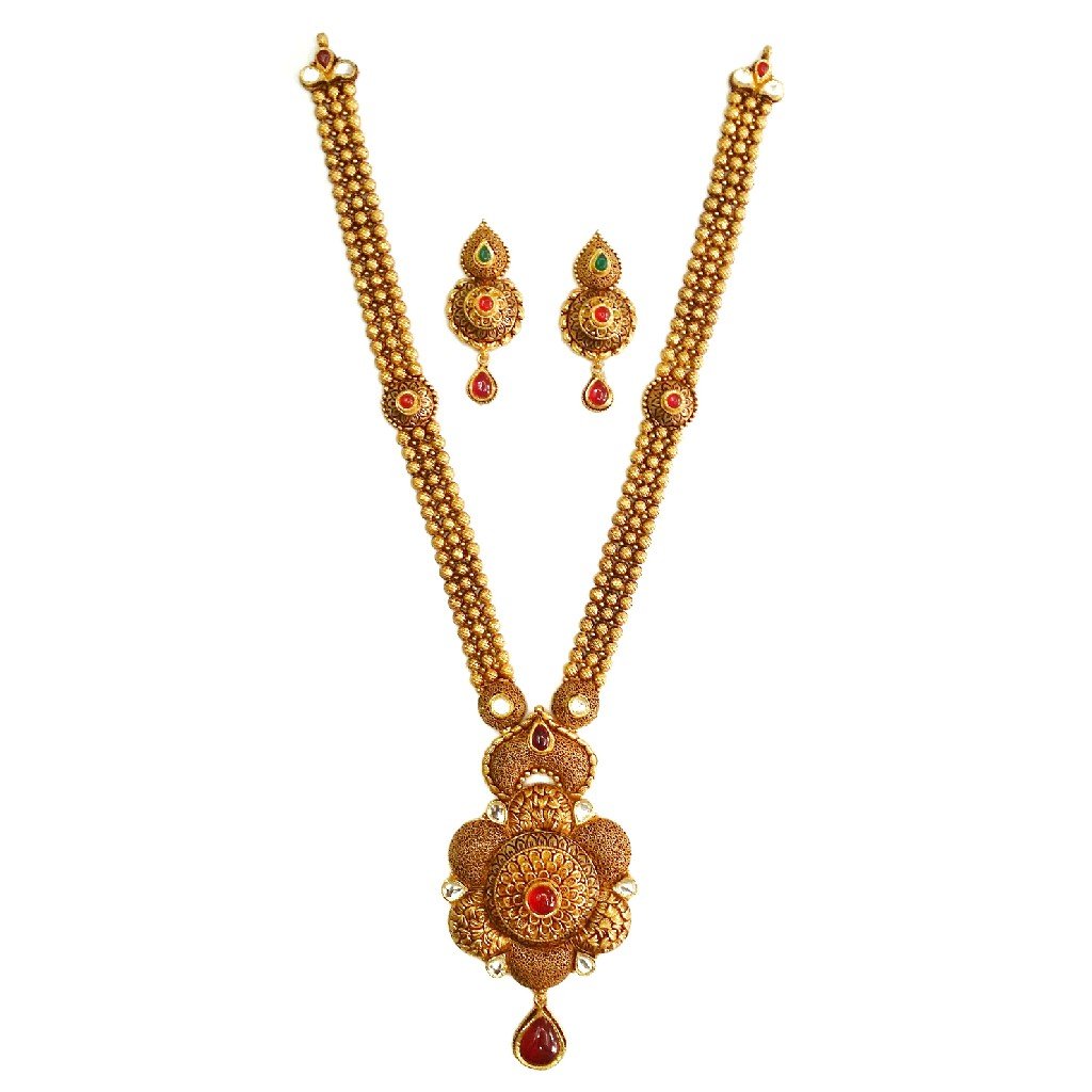 22k Gold Flower Shaped Antique Rajwadi Necklace Set MGA - GLS055