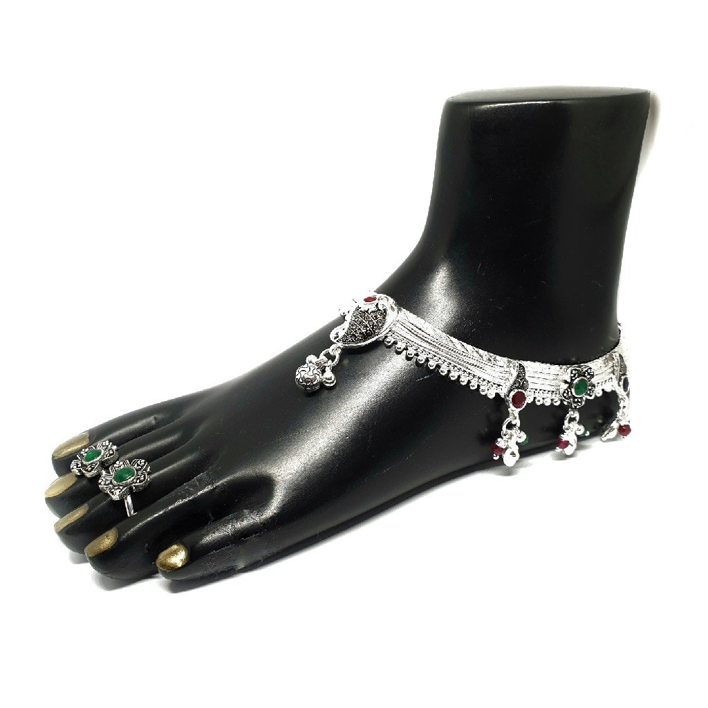 Flower Shape Red And Green Stone Bridal Anklet Payal MGA - PLS0319