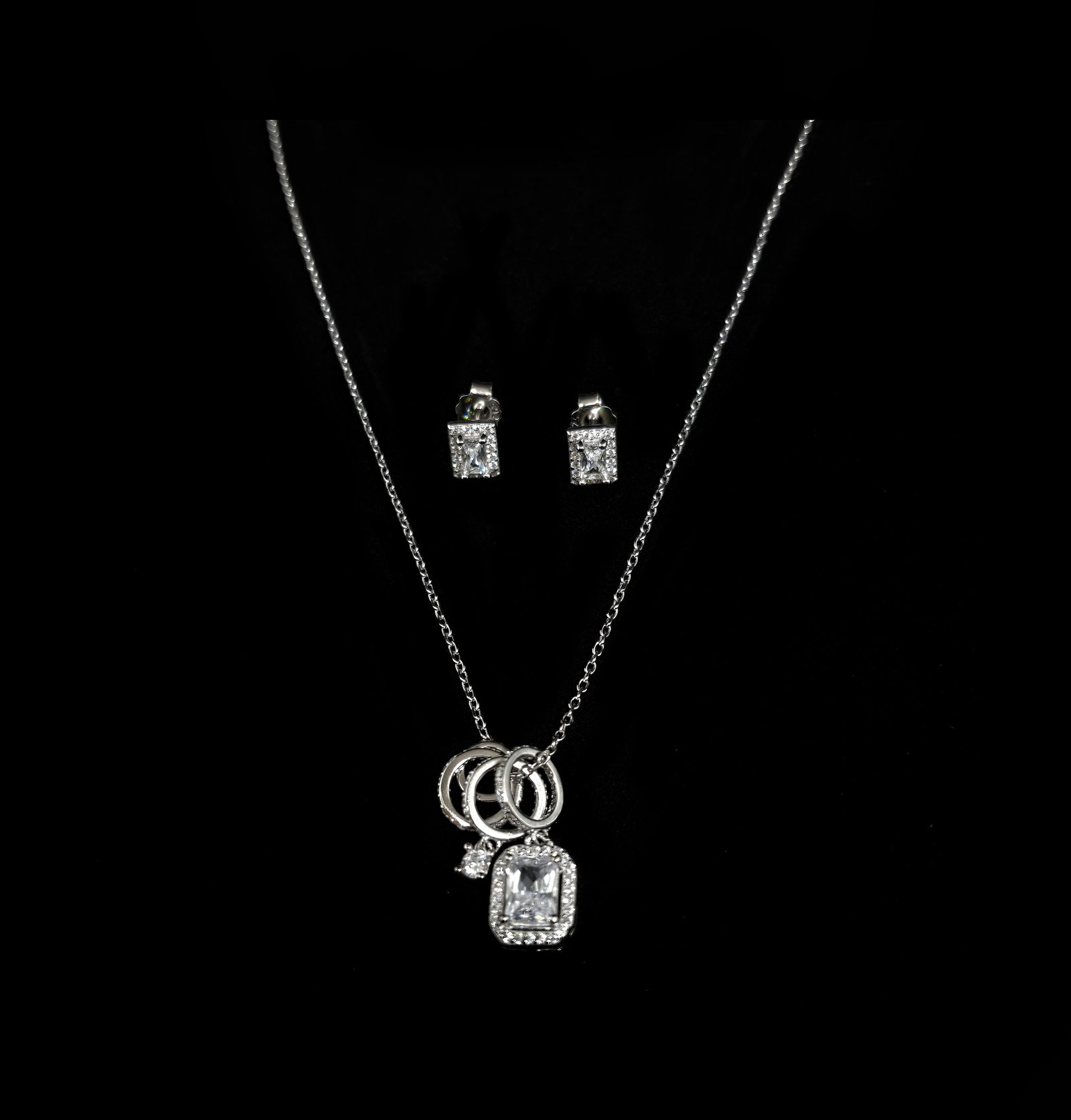 Square Stone Diamond Chain Pendant With Earrings 925 Sterling Silver MGA - CHS2760