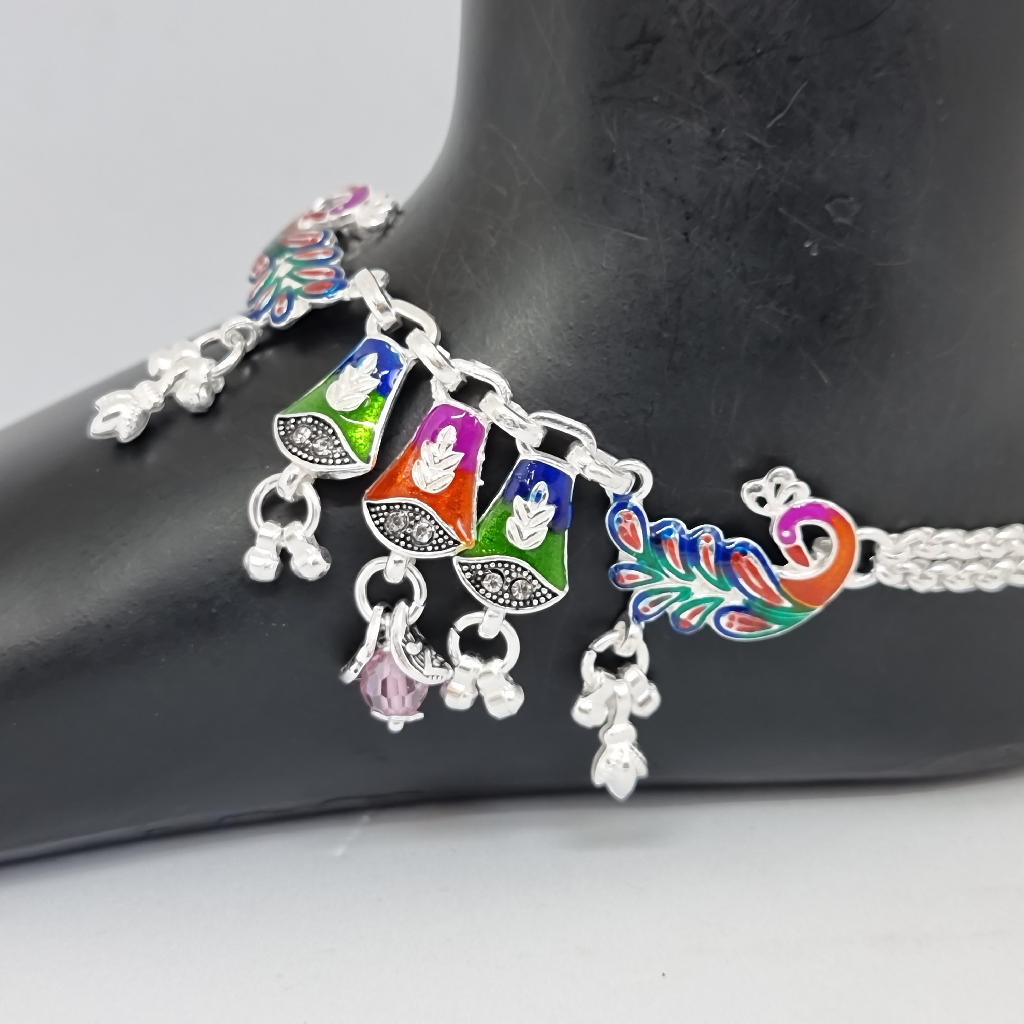 Silver peacock meenakari payal mga - pls3980