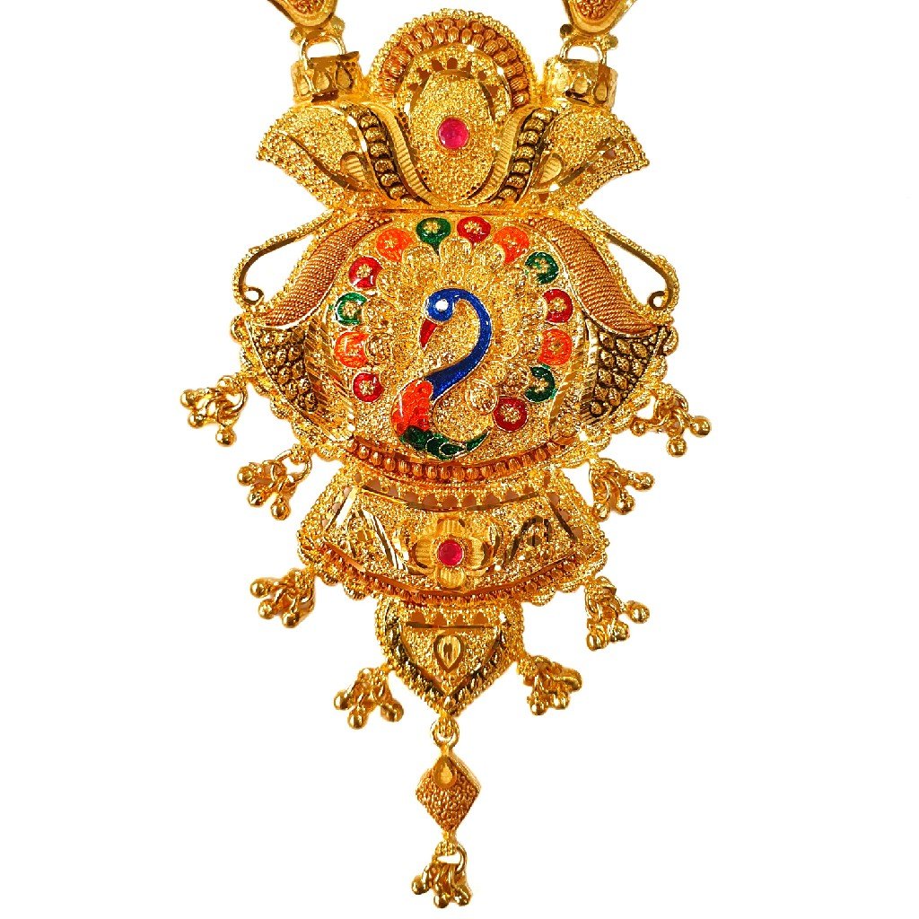 One Gram Gold Forming Peacock Shaped Meenakari Long Necklace Set MGA - HRE0006