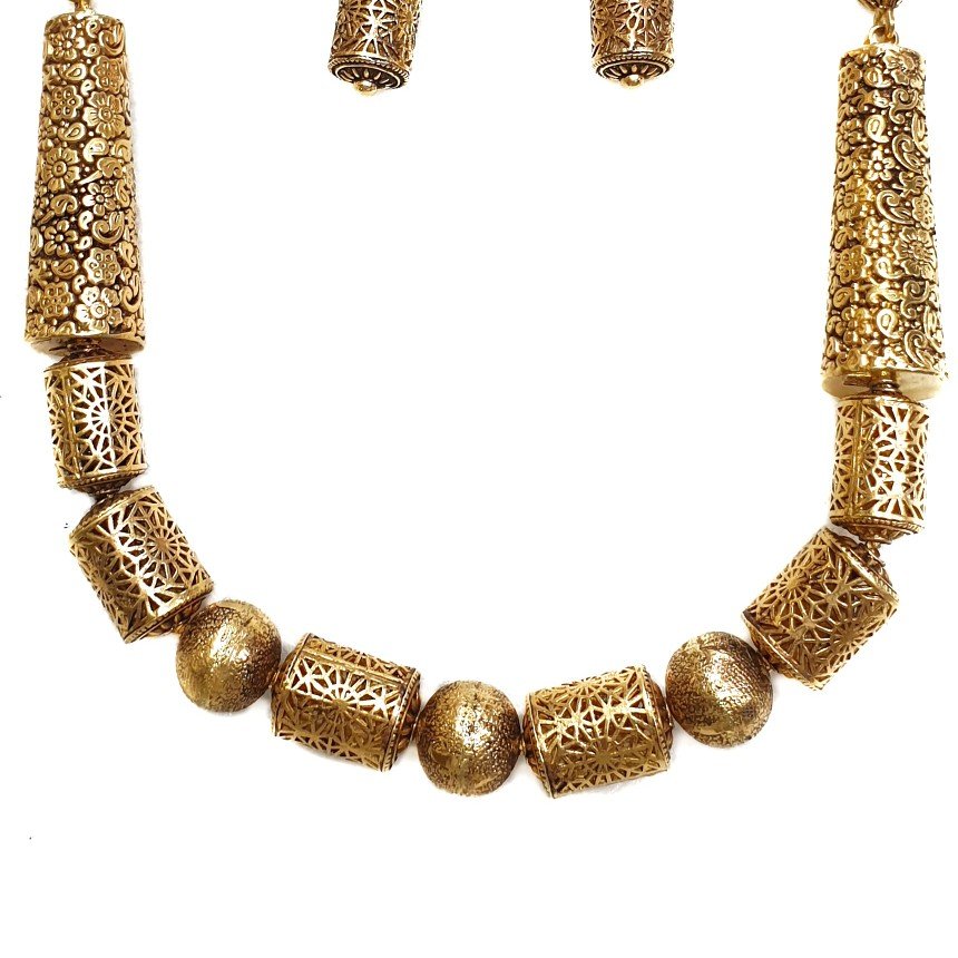 22k Gold Rajwadi Mala Necklace With Earrings MGA - GLS071