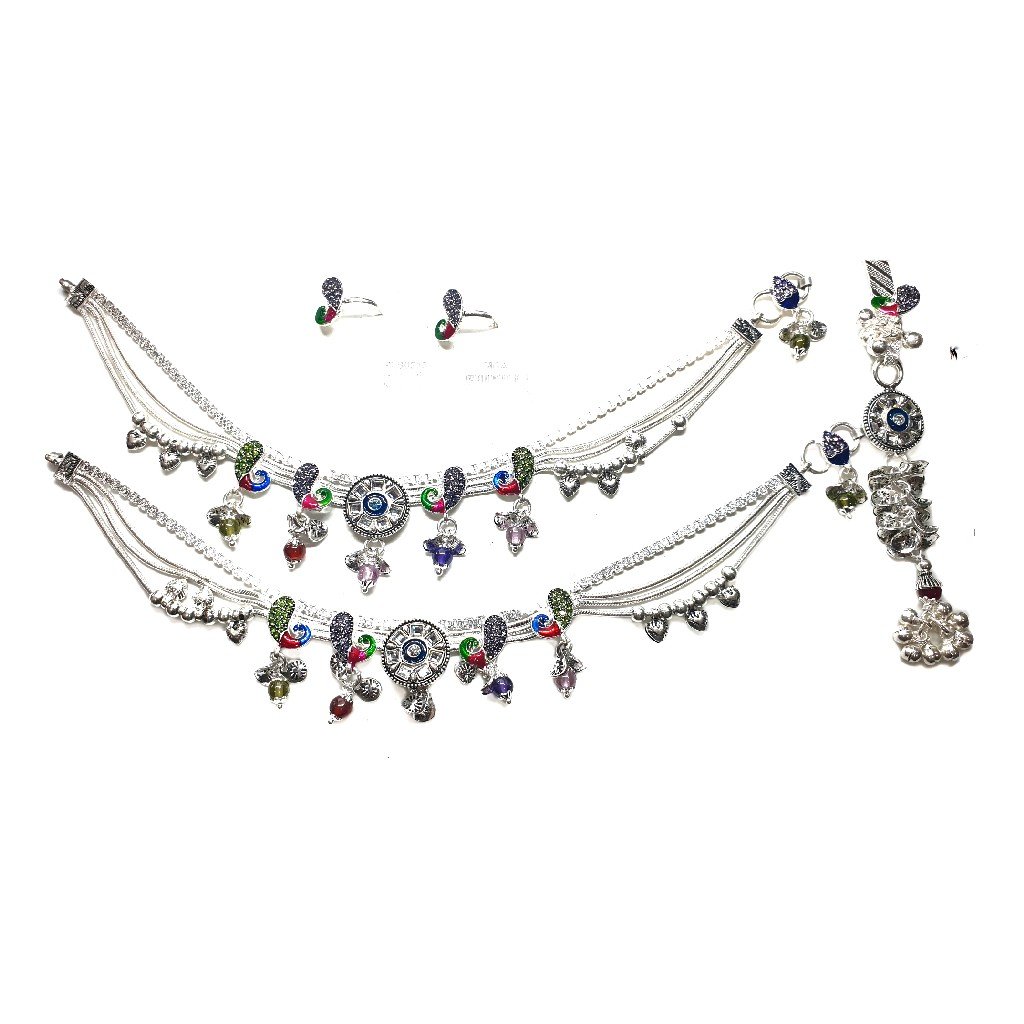 Peacock shaped full bridal set silver anklet payal mga - pls0313