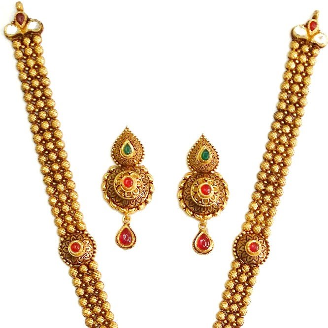 22k Gold Flower Shaped Antique Rajwadi Necklace Set MGA - GLS055