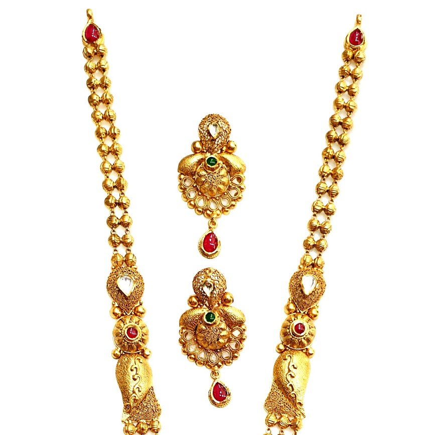22k Gold Antique Rajwadi Necklace With Earrings MGA - GLS089