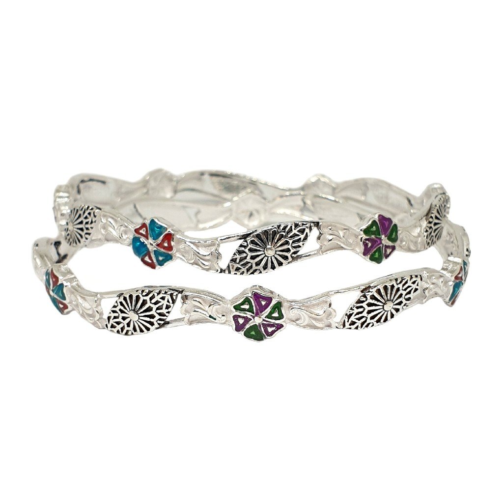 925 Sterling Silver Flower Shaped Meenakari Bangles MGA - KDS2492